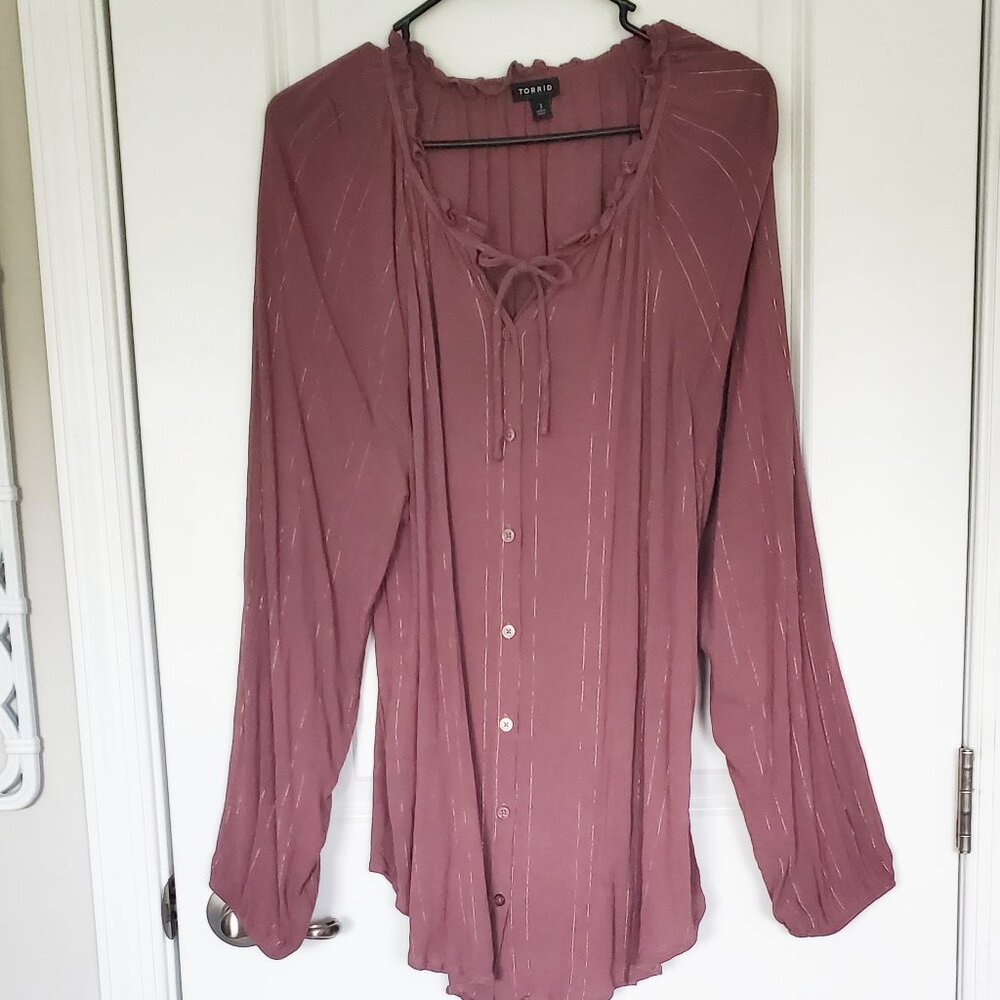 Torrid Long Sleeve Blouse Mauve with Gold Stripe
